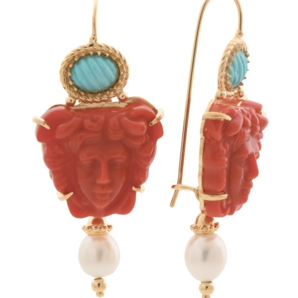 NWT TAGLIAMONTE Made In Italy 18kt Gold Medusa Coral Earrings